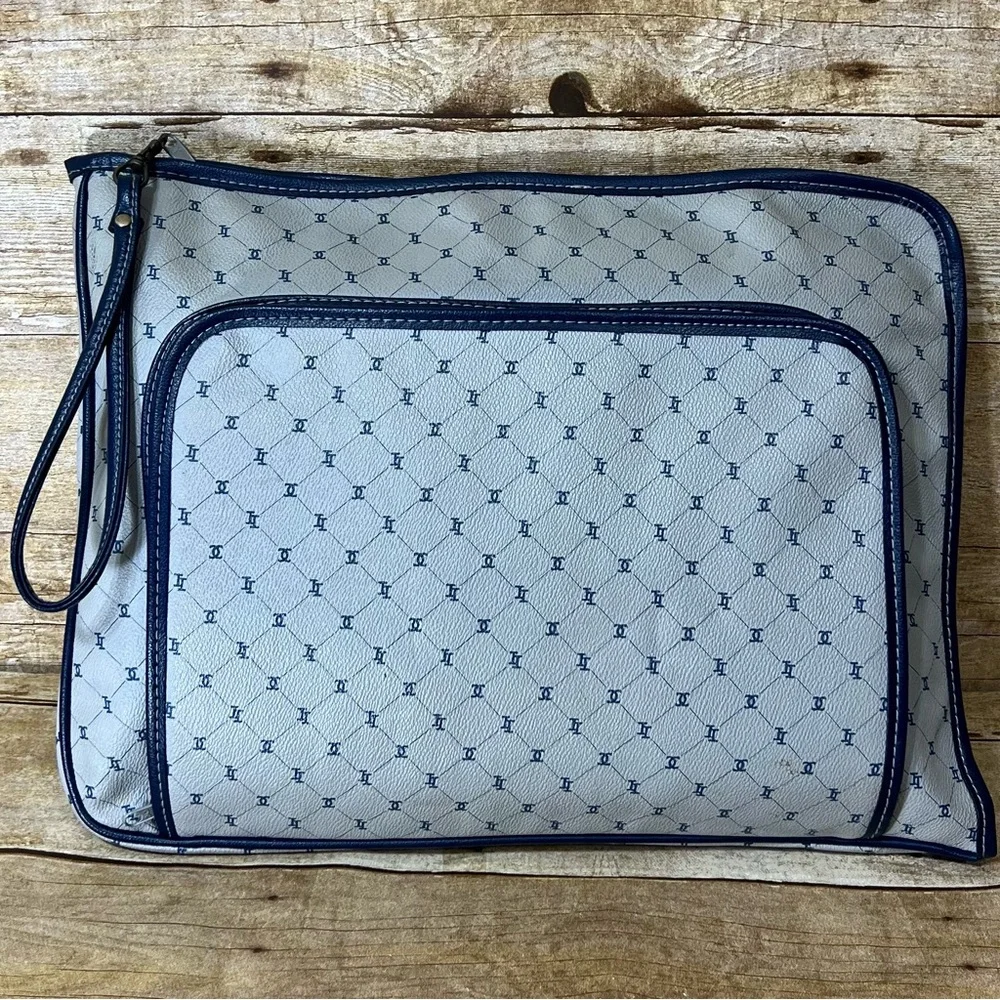 Vintage Logo Print Document Bag Navy Blue‎ Gray Portfolio Wristlet Pouch